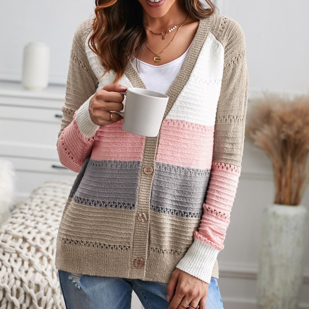 Multicolor V-neck Color Block Button Closure Eyelet Cardigan
